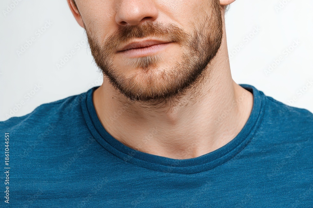 Fototapeta premium Close up of a young man with a neutral expression wearing a blue shirt against a plain backdrop in a well-lit environment