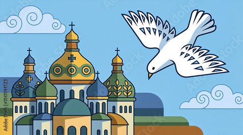 A white dove of peace flying over an Orthodox church in Ukraine. Vector illustration symbolizing faith, hope, and freedom