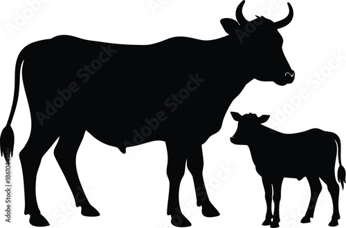Minimalist silhouette illustration of a cow calf standing closely, together vector, Cow and Calf silhouette vector illustration