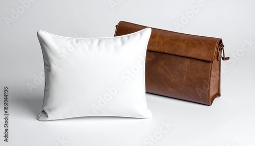 White pillow, brown leather bag, studio lighting