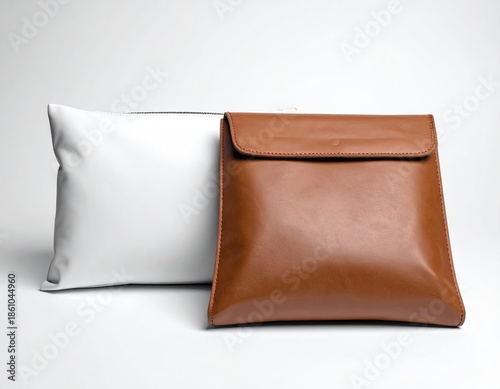 Brown leather pouch, white pillow; studio shot