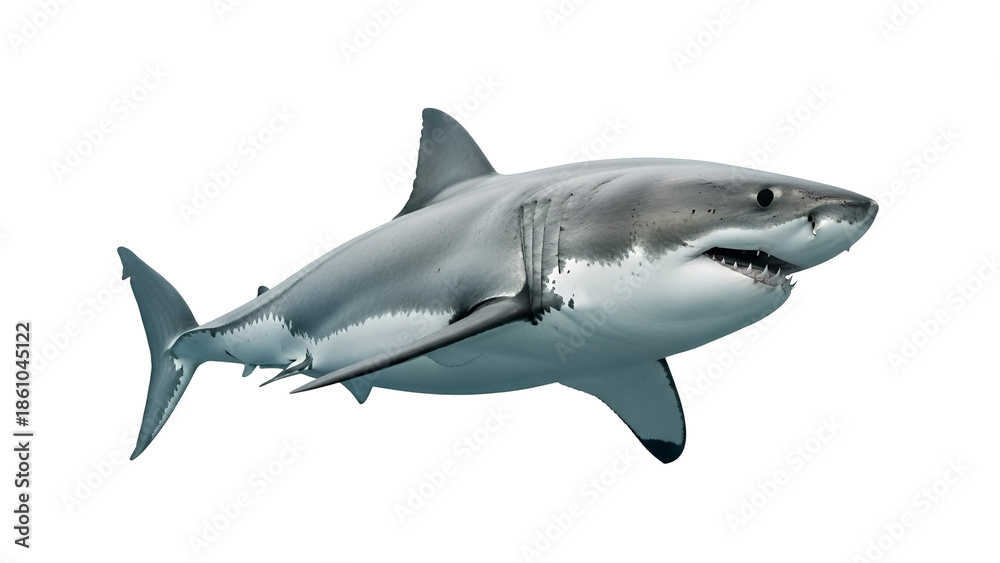 Obraz premium Dynamic Great White Shark with Open Jaws and Razor-Sharp Teeth, a Powerful Marine Predator in a Realistic Swimming Pose, isolated on transparent background.