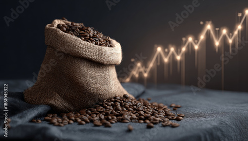 Open burlap sack filled with roasted coffee beans spilling onto dark fabric surface, with glowing line graph in background indicating growth or trend
