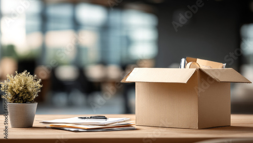 Open cardboard box filled with various supplies placed on a wooden table in a modern office environment