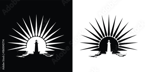 Monochrome lighthouse on a rocky outcrop with sun rays, creating a striking contrast between light and shadow, isolated on white background