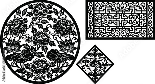 Chinese Paper Cut Window Flower Decoration Vector Illustration