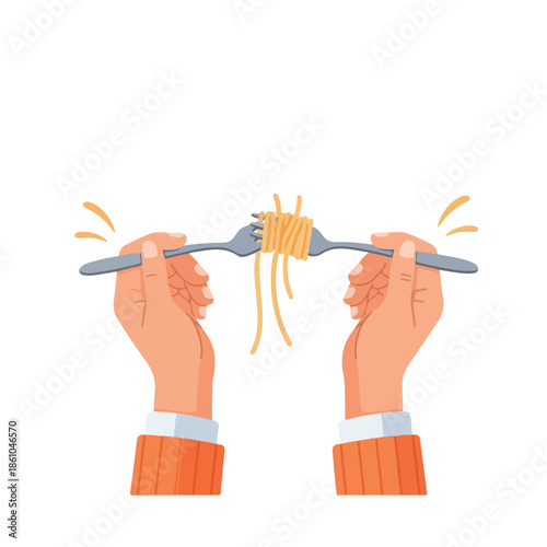 Cartoon hands holding forks with spaghetti on a white background. Perfect for food blogs, restaurant menus, advertising materials.