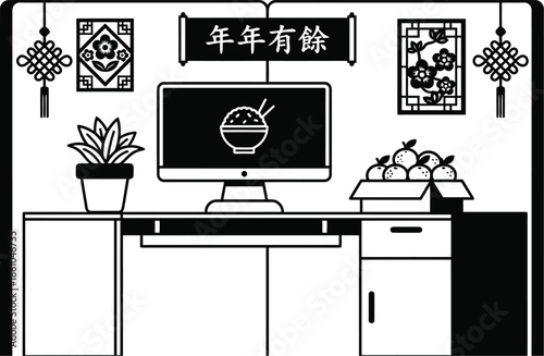 Lunar New Year Office Cubicle Celebration Vector Illustration