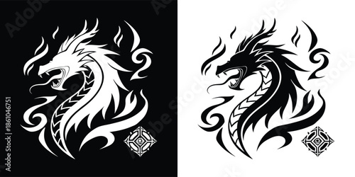 An intricate black and white illustration of a dragon, embodying strength, wisdom, and the mystical allure of mythical creatures