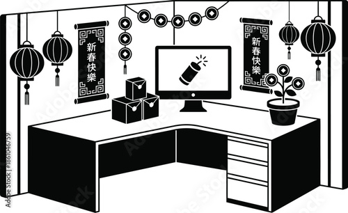 Lunar New Year Office Cubicle Celebration Vector Illustration
