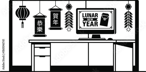 Lunar New Year Office Cubicle Celebration Vector Illustration