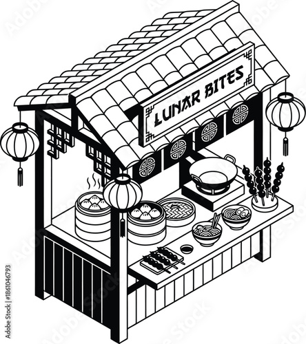 Lunar New Year Street Food Stall Isometric Vector