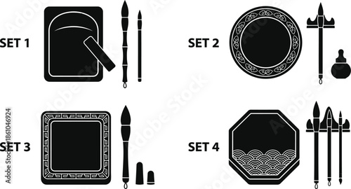 Chinese Calligraphy Brushes and Ink Stone Vector Set