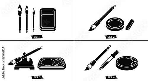 Chinese Calligraphy Brushes and Ink Stone Vector Set