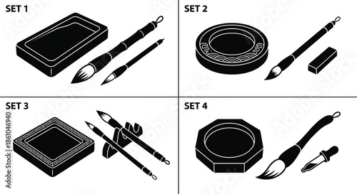 Chinese Calligraphy Brushes and Ink Stone Vector Set