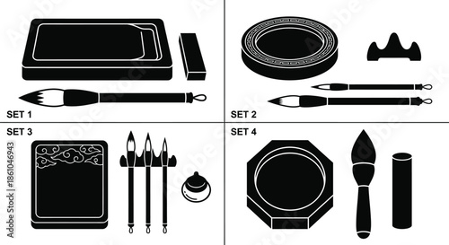 Chinese Calligraphy Brushes and Ink Stone Vector Set
