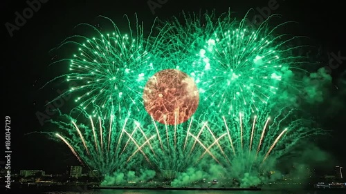 Bangladesh Flag Fireworks Explosion Display. Green Red Circle Celebration. Patriotic National Day Animation.