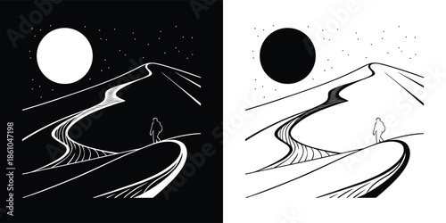 Monochrome desert landscape illustration featuring a moonlit night with dunes, presented in contrasting black and white for versatile use
