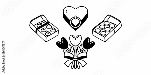 A beautifully wrapped gift surrounded by heart-shaped chocolates and jewelry in an elegant arrangement