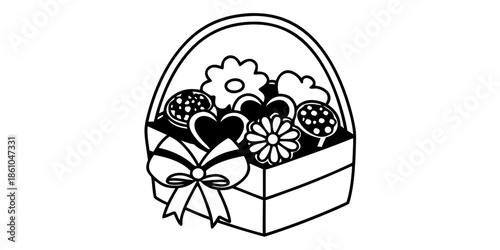 A gift basket filled with flowers and a heart-shaped decoration, presented in a simple black and white illustration
