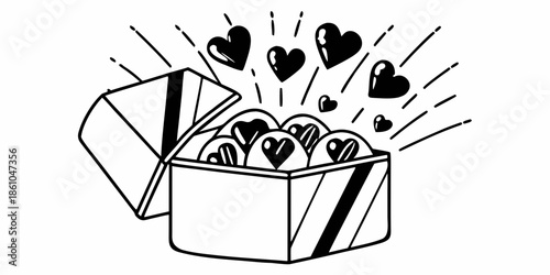 Hearts overflowing from an open gift box in a joyful illustration