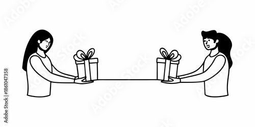 Two women exchanging gifts across a table in a simple illustrated scene