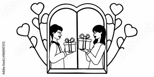 Couple Exchanging Gifts through a Heart-Shaped Window Surrounded by Love