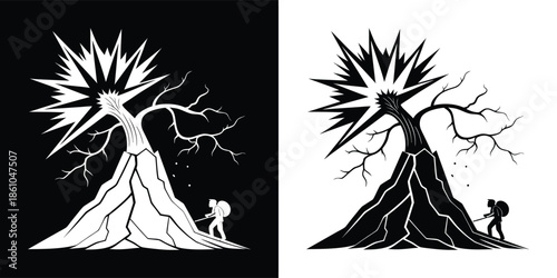 A black and white illustration of a climber approaching a tree struck by lightning, creating a dramatic and adventurous scene