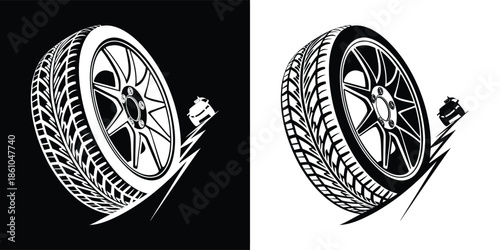 A tire illustration with a bold tread pattern, presented in both black on white and white on black versions isolated on white background