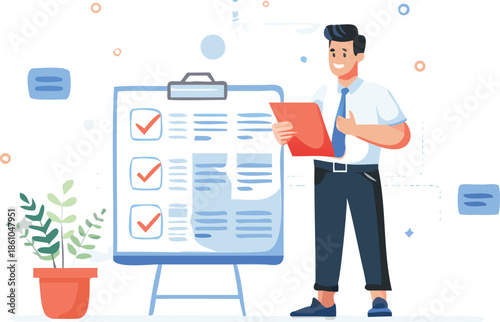 Businessman reviewing checklist on clipboard with plant nearby