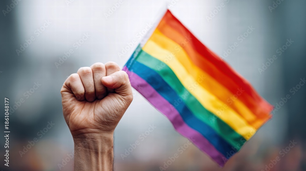 Fototapeta premium Hand holding a rainbow flag, symbolizing LGBTQ pride and support.