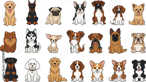 Cute Cartoon Dog Breed Collection with Golden Retriever, German Shepherd, Pug, Corgi, and French Bulldog Illustrations