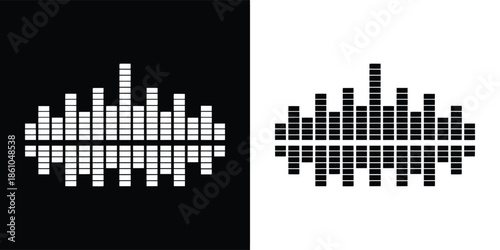 A modern equalizer graphic in black and white, representing sound frequency and audio visualization, ideal for tech and music themes