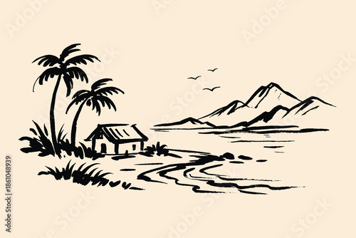 Coastal landscape palm trees hut ink sketch vector illustration