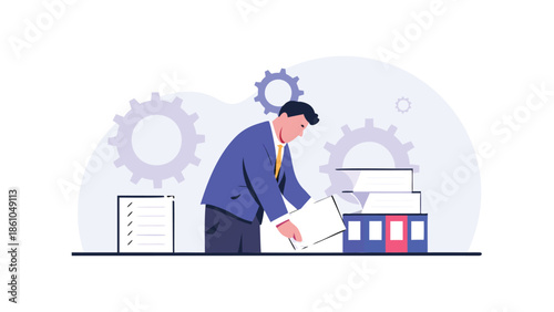 Businessman organizing office documents and files efficiently