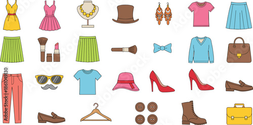 Women's Fashion and Beauty Icon Set with Colorful Clothing, Makeup, Jewelry, and Footwear Illustrations