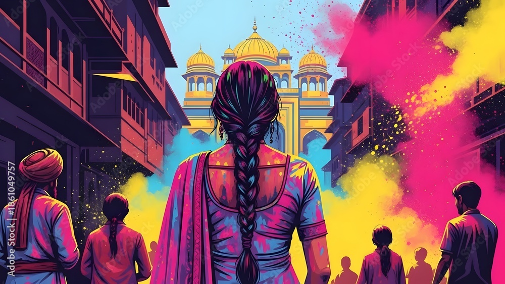 Obraz premium Vibrant indian festival scene with colorful smoke and architecture