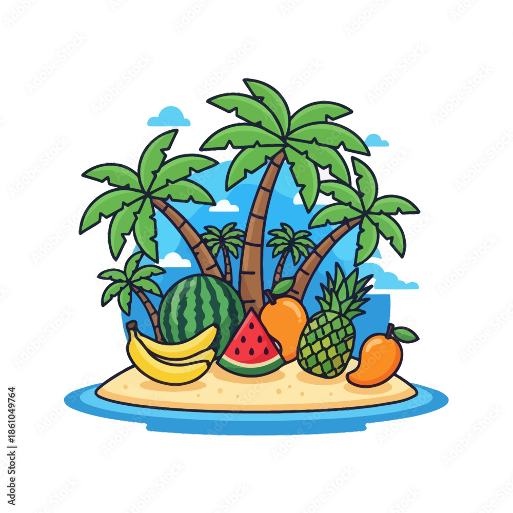 Obraz premium Tropical Island Paradise with Exotic Fruits and Palm Trees, Summer Vacation Concept