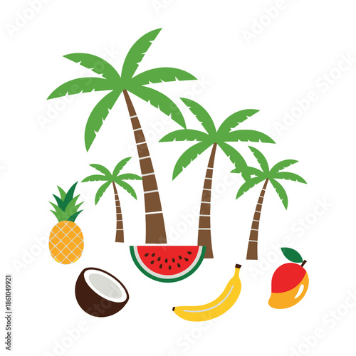 Tropical Paradise: Palm Trees, Fruits, and Watermelon Slice on White Background