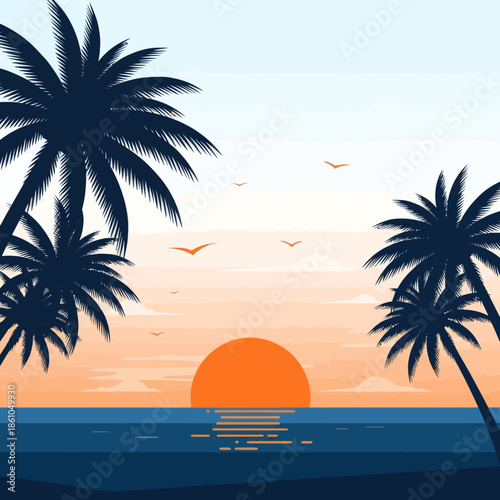 Tropical Sunset Ocean View with Palm Trees Silhouette and Seagulls Flying