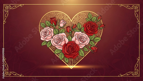 Valentine romantic golden heart with red roses luxury love background for proposal promise hug kiss celebration elegant decoration and timeless romance concept