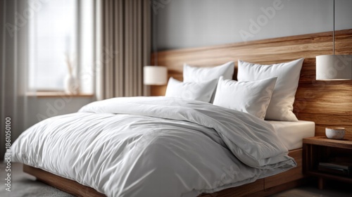 Cozy bedroom with a wooden bed frame and white bedding.