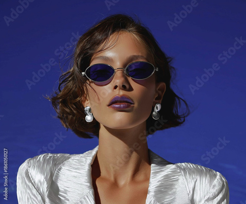 High fashion beauty portrait with metallic outfit and bold makeup wearing sunglasses. Editorial magazine style for advertising and branding