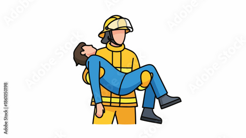Firefighter Carrying Injured Person Cartoon Illustration
