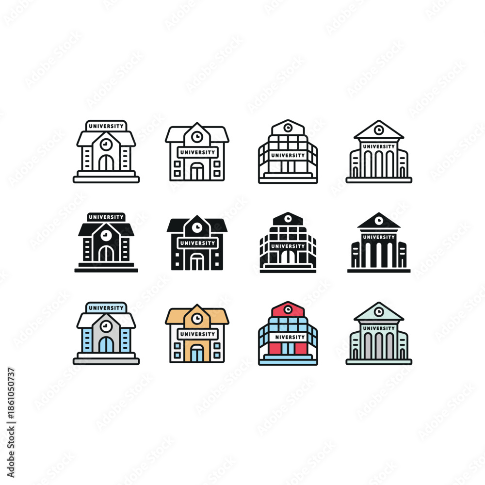 Fototapeta premium University set icon line glyph color for education building and campus illustration