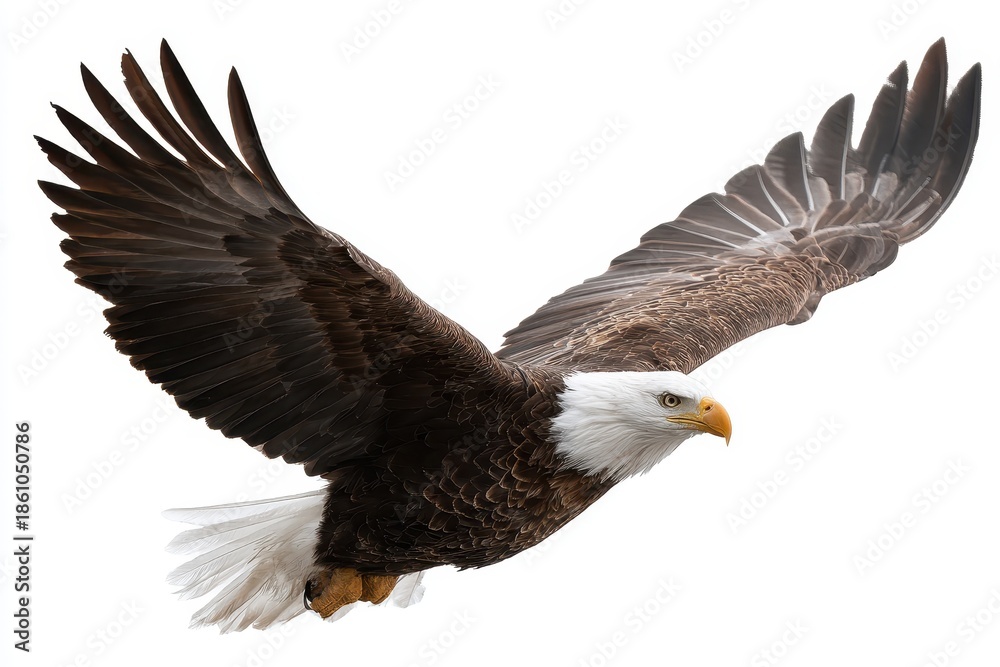 Obraz premium Majestic bald eagle soaring midflight, showcasing powerful wings and striking plumage against a transparent backdrop