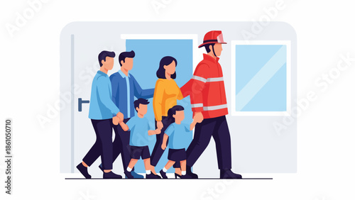 Firefighter Leading Family to Safety from a Building Fire