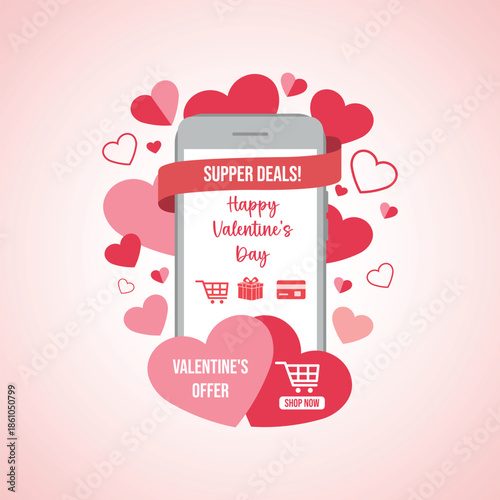 Mobile phone displaying valentines day supper deals and offers surrounded by hearts for online shopping promotion