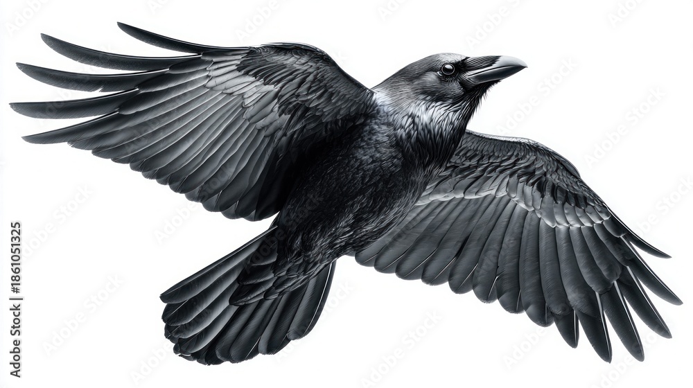 Fototapeta premium Majestic raven in flight against a clean white background, wings spread wide