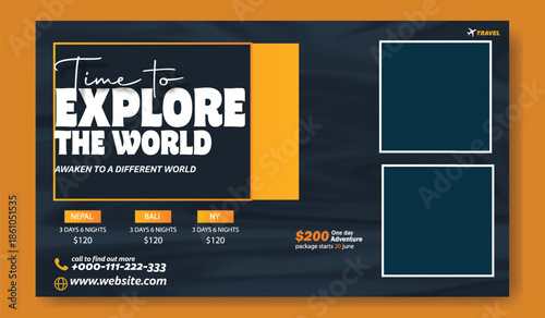 Time to Explore the World: Professional Travel Flyer and Social Media Kit, Modern Travel Package Flyer & Social Media Post Design with 35% Discount. Corporate Travel Agency Flyer and Square.
